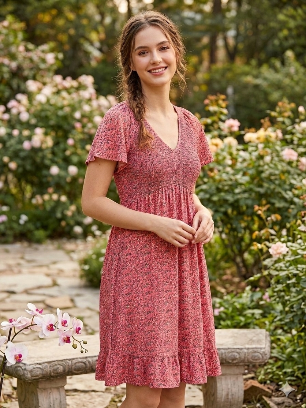 Colmee Floral Smocked V-Neck Mini Dress in Rose